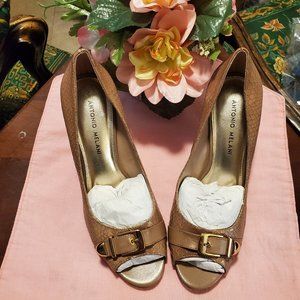 Antonio Melani Nude Snakeskin Peep-Toe Heels